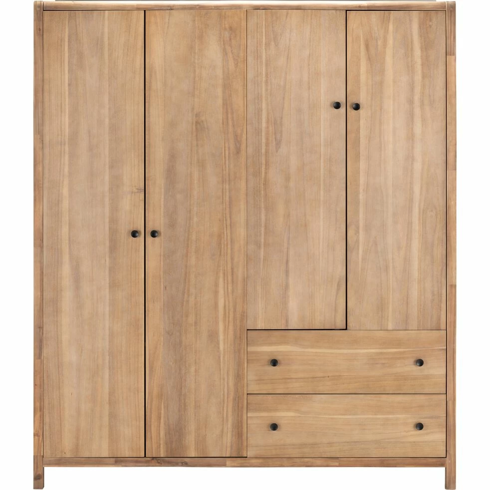 GAIA - Armoire 4 Portes Et 2 Tiroirs En Acacia Massif - Bois Foncé 190x220cm 4 GAIA - Armoire 4 Portes Et 2 Tiroirs En Acacia Massif - Bois Foncé 190x220cm – Image 2