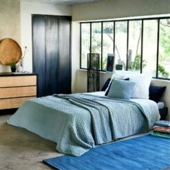 BENITO - Couvre-lit En Tissu Surpiqué - Bleu Calaluna 230x250cm -chambre à coucher Soldes COUVRE LIT BENITO 27278048 A 1