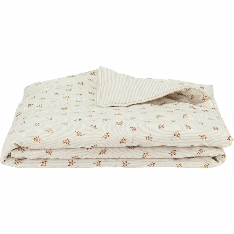 MOUCHOIR - Couvre-lit En Lin Et Coton Motif Rayé Et Floral - Blanc 220x240cm 3 MOUCHOIR - Couvre-lit En Lin Et Coton Motif Rayé Et Floral - Blanc 220x240cm