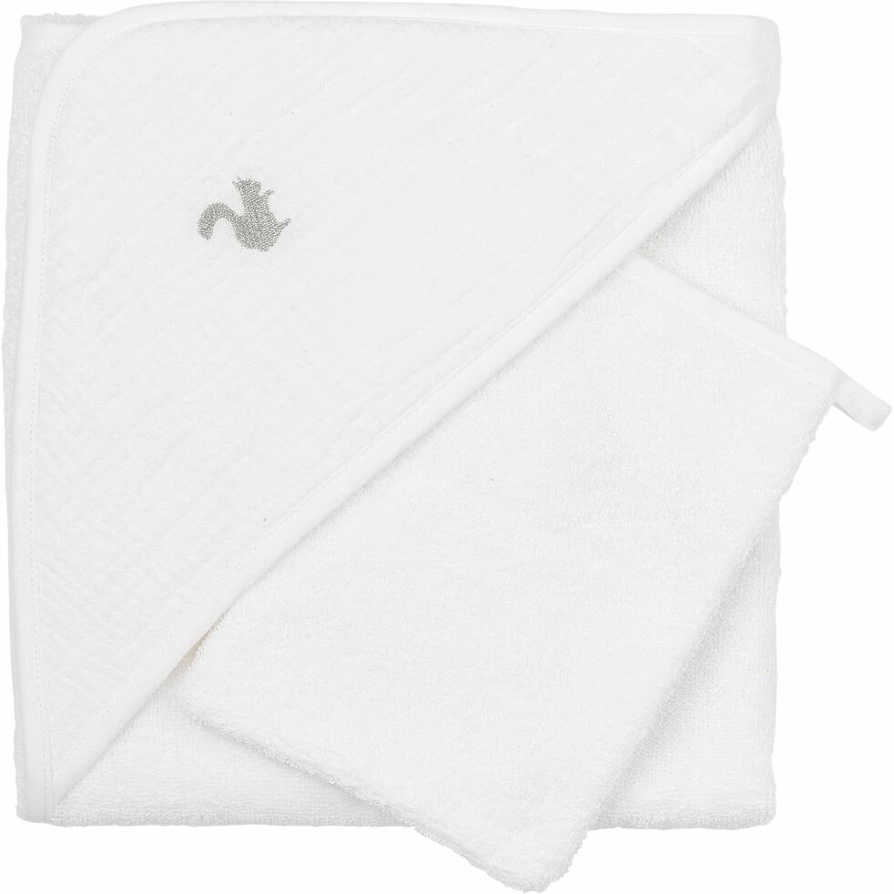 NUAGE - Ensemble Cape De Bain Et Gant Bébé Avec Broderie Lurex - Blanc 3 NUAGE - Ensemble Cape De Bain Et Gant Bébé Avec Broderie Lurex - Blanc