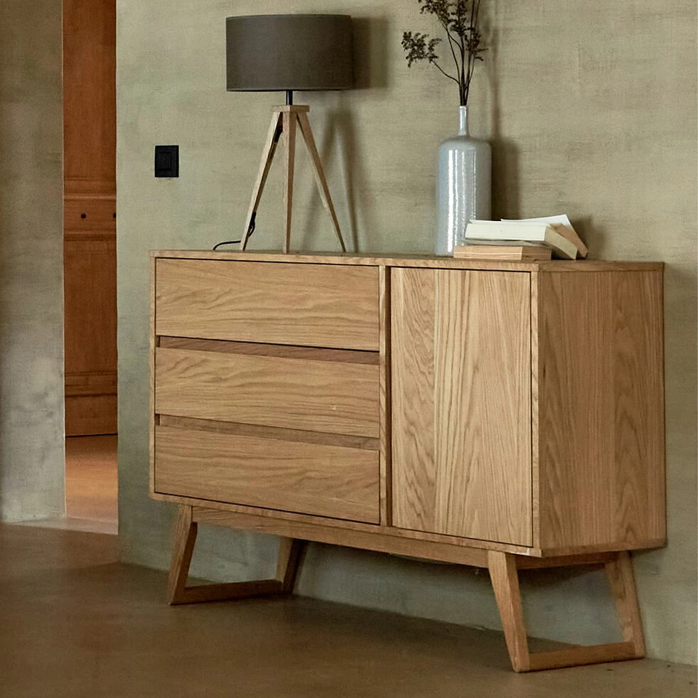 BRUNA - Commode 3 Tiroirs Et 1 Porte En Plaqué Chêne - Bois Clair 8 BRUNA - Commode 3 Tiroirs Et 1 Porte En Plaqué Chêne - Bois Clair – Image 6