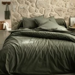 FLORE - Drap Plat En Percale De Coton 270x300- Vert Cedre -chambre à coucher Soldes DRAP PLAT FLORE 26439808 A 1