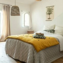 EDEN - Édredon En Velours De Coton Piquage Pompons - Jaune 100x180cm -chambre à coucher Soldes EDREDON EDEN 26838861 A 1