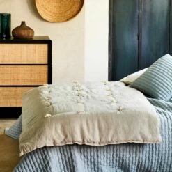 ELINA - Édredon En Lin Et Coton Piquage Pompons - Vert Olivier 100x180cm -chambre à coucher Soldes EDREDON ELINA 27276860 A 1