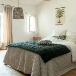 EDEN - Édredon En Velours De Coton Surpiquage Pompons - Vert Cèdre 100x180cm -chambre à coucher Soldes EDREDON VELOURS UNI EDEN 26505800 A 1