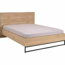 GASPARD - Lit 2 Places Effet Chêne Et Métal 160x200cm - Bois Clair