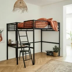 NIOLON - Lit Mezzanine 2 Places En Acier Avec Bureau En Verre - Noir 140x200cm -chambre à coucher Soldes Lit mezzanine NIOLON 26908687 A 1