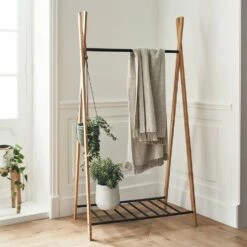 DORIAN - Penderie Ouverte à 2 étagères En Acier Et Bambou H173xL93cm - Noir -chambre à coucher Soldes Portant DORIAN 27316030 A 1